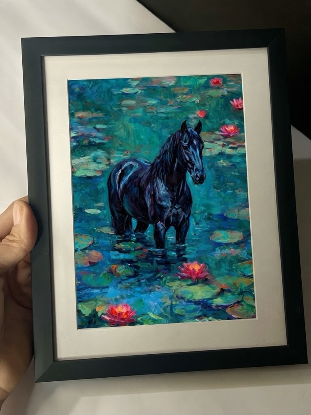 Framed Black Horse in Teal Lily Pond Art Print - Monet inspired